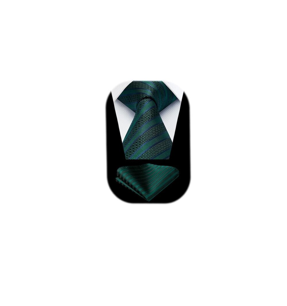 9805 Ties Green Striped Tie and Handkerchief Set Black and Green classic